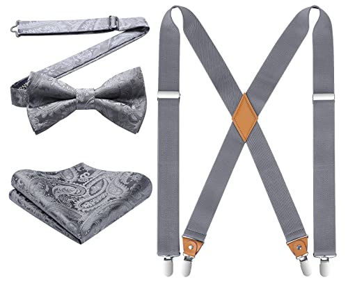Image of HISDERN Bow Tie and Suspenders for Men Elastic X-Back Suspender and Bowtie Set Adjustable Braces for Wedding Tuxedo