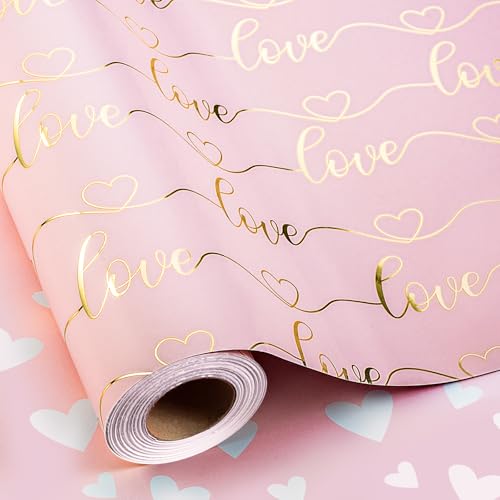 Burymento Pink Love Wrapping Paper, Reversible Pink Heart Gift Wrap for Birthday, Valentines, Mothers day, Graduation, Wedding, Fathers day, Baby Shower, Christmas (17in x 32.8ft)