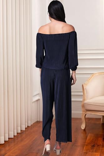 Image of POPWINGS Casual Wrinkle Full Sleeves Off-Shoulder Top and Palazzo Co-ord Set for Women || Co-Ords Set for Women Stylish Western || Top and Palazzos Set for Women|| 2 Piece Set for Women