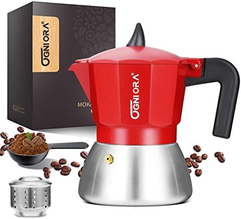 OGNI ORA Stovetop Espresso Maker Moka Pot, Red 4 Cup(150 ml) Camping Coffee Pot Double Valve Design Espresso Coffee Maker Suitable for Gas, Induction, Electric Pottery Stove