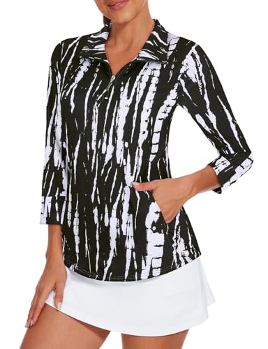 Viracy Athletic Shirts for Women,Golf Shirt Quick Dry 3/4 Sleeve T Shirts Zipper Polo Workout Tops UPF 50+ Shirts Black Tie-dye XXL