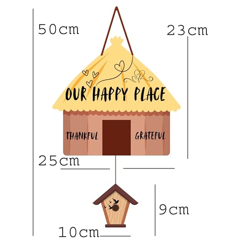 Image of GENXTRA Wooden Our Happy Place MDF Hut Wall Hanging - 50 cm Rustic Home Sign | Thankful & Grateful Decor for Home Entrance, Drawing Room, kitchen or Balcony | Decorative Plaques for Housewarming (HOME 01)