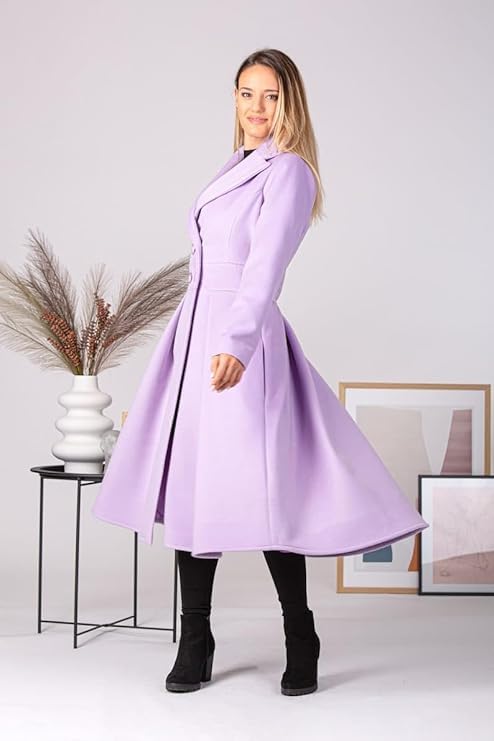 Image of Women's A-Line Long Blazer Dress | Cotton Blend Formal Office Wear Jacket Dress | Double Button Lapel Collar Long Coat | Casual, Business, Party & Winter Wear | Black & Purple