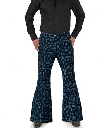 Men's Relaxed Vintage 60s 70s Bell Bottom Tassel Printing Trousers Stretch Classic Comfort Flared Disco Denim Jeans