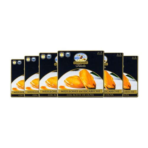 Pack 6x Mejillones en Escabeche Mariscadora – 110 g c/u | 7‑10 Piezas Gourmet | Aceite de Oliva, Vinagre y Especias | Conserva Artesanal Gallega | Sin Aditivos