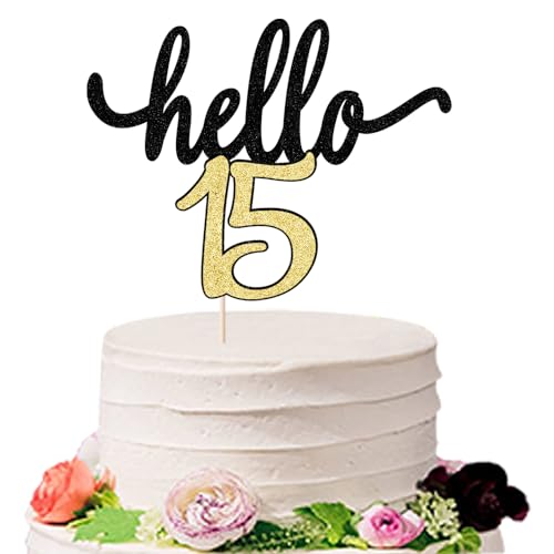 Sodasos Black Glitter Hello 15 Cake Topper - Cheer to 15th Years - 15 and Fabulous Cake Topper - Wedding Anniversary Party Sign Decorations (15)