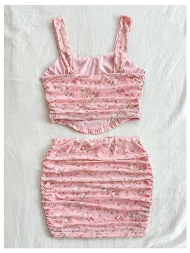 Verdusa Women's 2 Piece Outfits Floral Print Ruched Crop Tank Top and Bodycon Skirt Set2