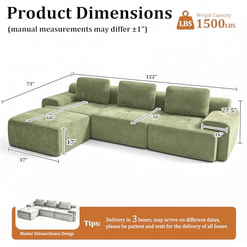 Image of 122 inch L-Shaped Modular Sectional Sofa, Oversized Boneless Cloud Couch for Living Room with Extra Deep Seat & High Back, Tool-Free No Assembly, Soft Chenille (Olive Green, 122 inch-L Shaped（3+1）)