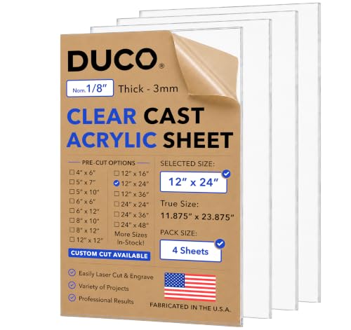 Duco 1/8" Clear Cast Acrylic Sheets, 12"x24" Plexiglass Sheets, 4 Pack