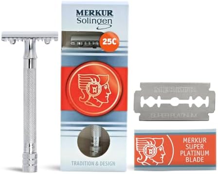 MERKUR 25C Double Edge Safety Razor in Bright Chrome with an Open Comb Design, Long Handle, Made in Germany, Plastic-Free, Three-Piece Design, and Straight Bar