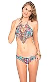 Luli Fama Women's Wild and Free Weave Fringed Halter Bikini Top, Multi, X-Small