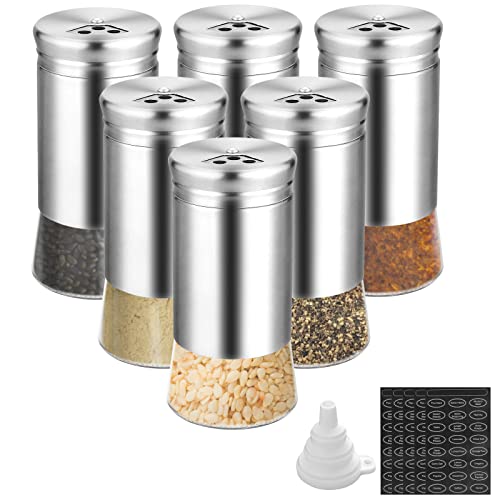 FUNYKICH 6 Pcs Pots à Épices 120 ml avec Trous de Coulée Réglables en Verre avec Couvercle en Acier Inoxydable Salières et Poivrières Pivotant pour Sel, Poivre ou autres Assaisonnements Cover