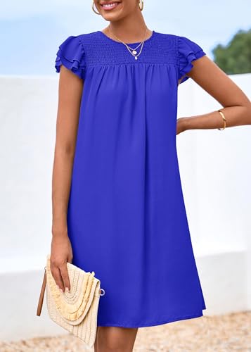 Image of KIRUNDO Spring Dresses for Women 2024 Casual Ruffle Sleeve Crew Neck Mini Tunic Shift Dress Cute Summer Flowy Chiffon Dresses(Royal Blue, Medium)