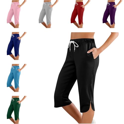 Capri Pants for Women Casual Summer Drawstring Elastic High Waist Casual Hiking Pant Straight Leg Cropped Trouser - Main Image