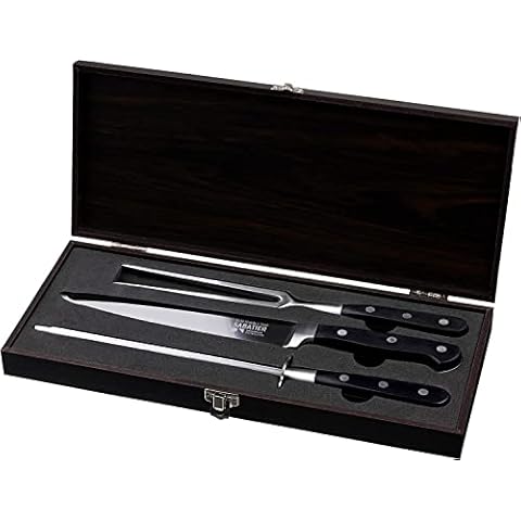 Wrenbury Professional Sabatier Fleisch Tranchierbestek mit Wetzstahl - Tranchiermesser und Tranchiergabel Set 2CR14 Edelstahl Cover