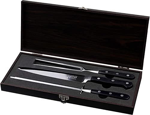 Wrenbury Professional Sabatier Fleisch Tranchierbestek mit Wetzstahl - Tranchiermesser und Tranchiergabel Set 2CR14 Edelstahl - Full Tang-Griffe - Präsentationsbox