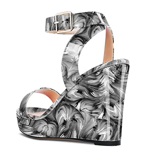 Image of Aachcol Women Platform Wedge Sandals Round Peep Open Toe Ankle Strap Slingback Two-Piece Chunky Block High Heel Dress Shoes Pumps Party Patent 4 Inch