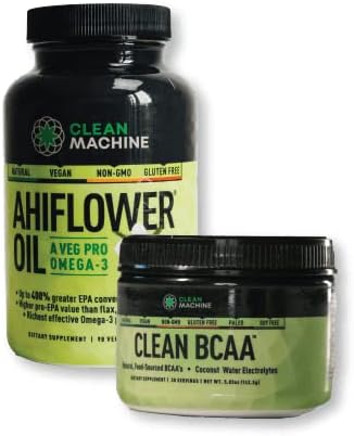 CLEAN MACHINE Ahiflower Omega 3 Suplemento y BCAA en polvo para veganos, suplementos limpios a base de plantas (sin sabor)