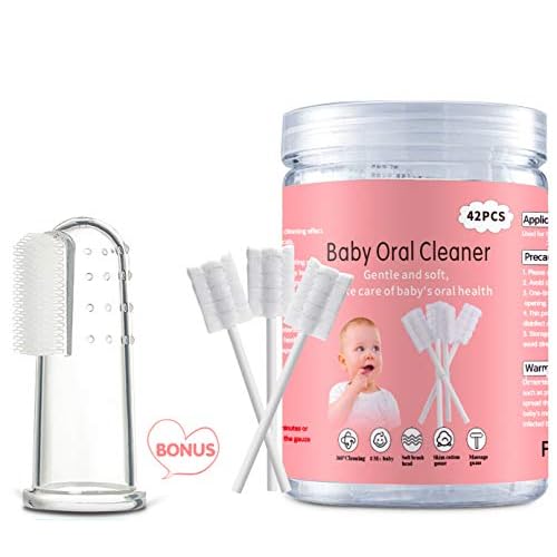 EASICUTI Baby Tongue Cleaner, Baby Toothbrush, 42Pcs Disposable Infant Toothbrush Clean Baby Mouth, Gauze Gum Cleaner Baby Oral Cleaning Stick Dental Care for 0-36 Month Baby+Free 1 Finger Toothbrush