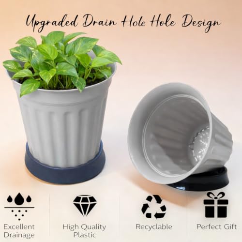 Image of TechHark Gray Plastic Plant Pots with Saucer, Ribbed Style, for Indoor and Outdoor Use, Set of 5