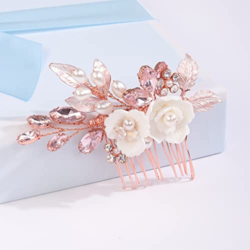Missgrace Bride Wedding Crystal Pearl Leaf Rhinestones Hair Comb Silver Gold Bridal Hair Pieces Rhinestone Bridal Hair Clip Flower Hair Side Combs Wedding Hair Accessories For Brides Women (Rose Gold Pink) #TOP2