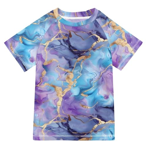 ALAZA Boys Swim Shirt Short Sleeve Rash Guard for Boys Girls UPF 50+ Marble Blue Purple Watercolor 9-10T