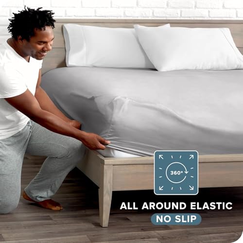 Image of 400 TC Cotton Elastic Fitted Bedsheet with 2 Pillow Covers for Queen Bed 60 x 84 6 Inches Light Gray Solid Color Fitted Sheet
