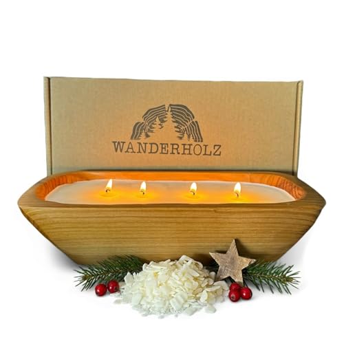 Wanderholz Sojawachskerze in einer Zedernholz Holzschale - Nachhaltige Mehrdochtkerze mit Sojawachs Vierdochtkerze Kerzenwachs Sojakerze Große Kerzen Geschenk Kerze Groß Deko Wohnzimmer Kerze XXL