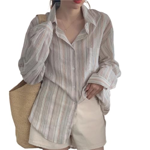 Chemise rayée femme manches longues vintage blouse ample col rabattu mode simple