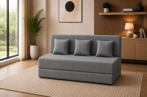 Image of Sofa Cum Bed with Jute Fabric, Convertible Three Seater Sofa Bed 5x6 Ft, Comfortable Cushioned Seating, Space Saving Design for Living Room, Bedroom & Guest Room - Grey Color