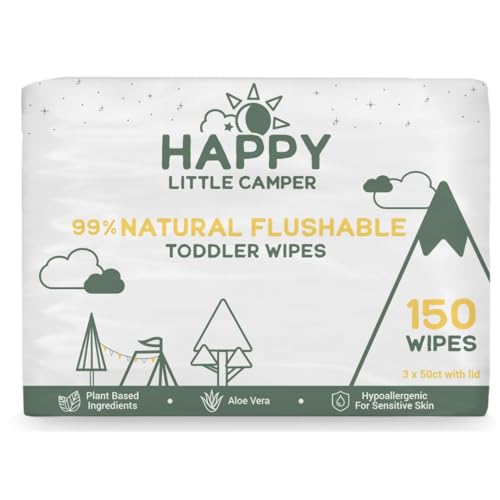 Happy Little Camper Natural Flushable Wipes - Hypoallergenic Wet Wipes with Aloe Vera Chamomile and Pomegranate Extract - Unscented Baby Wipes Safe for Sensitive Skin - 150 Count