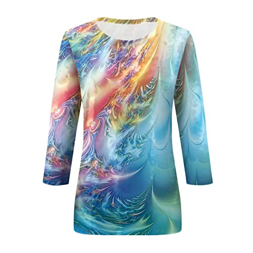 Women's Tops Trendy Cute Hawaiian Floral Graphic Printed Round Neck 3/4 Sleeve Slim T-Shirts Shirts Summer Dressy Casual Plus Size Basic Pullover Tops Vacation Outfits Ropa De Mujer(B-Blue,S) #TOP1