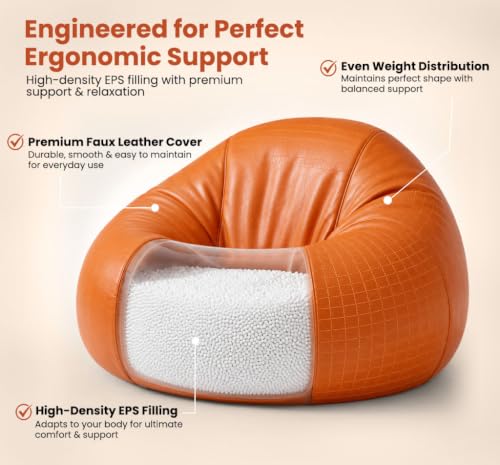 Image of Sattva Classic 4XL Bean Bag Chair with Beans Filled | Sofa Style Faux Leather Beanbags with Filled Beans | Comfortable Bin Bags Sofa for Adults & Teens, Living Room & Office | Orange