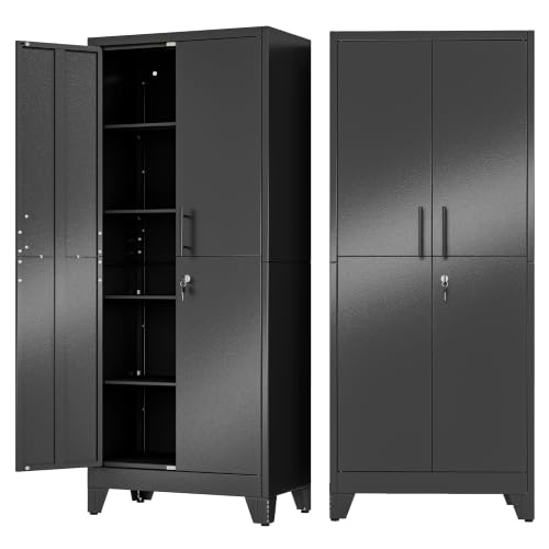 Image of Black Kitchen Pantry Cabinets, 71 Metal Lockable Storage for Office
