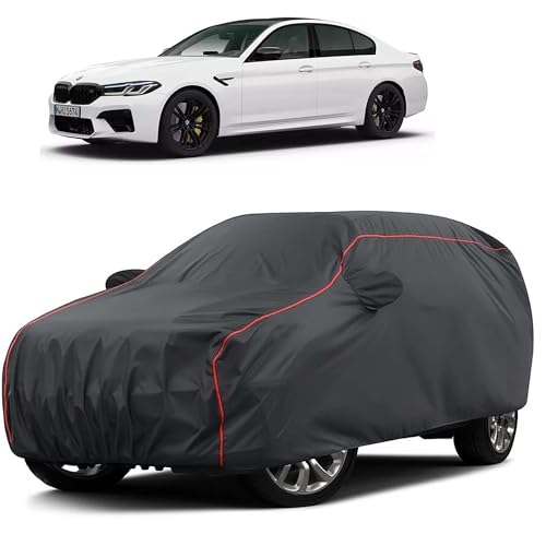 Image of Sulfar 100% Water Resistant Car Body Cover Compatible with Mirror for BMW M5 (Triple Stitched, Full Bottom Elastic, Dark Grey Taffeta with Red Piping)