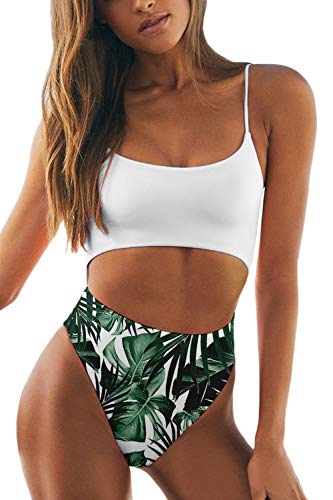 Meyeeka Womens Scoop Neck Cut Out Front Lace Up Back High Cut Monokini One Piece Swimsuit (L, Leaf)