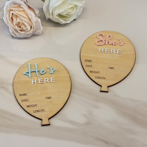 Image of YongPan She's Here or He's Here Newborn announcement,Wooden Balloon-Shaped Birth Stat Plaques,Baby Announcement Signs for Newborns (Hot Balloon)