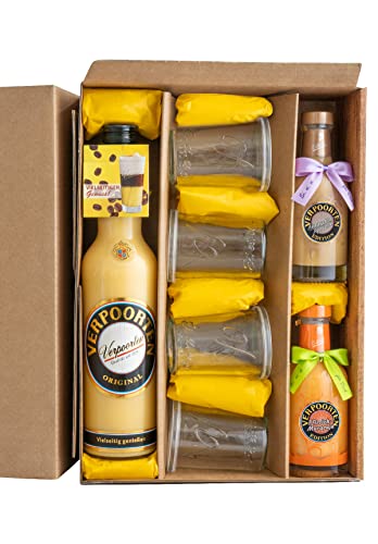 Geschenk-Set: 0,7 L Flasche VERPOORTEN ORIGINAL und 0,2 L Flaschen VERPOORTEN EDITION Pfirsich-Maracuja und VERPOORTEN EDITION Amaretto-Apricot mit 4 Dessertgläsern Cover