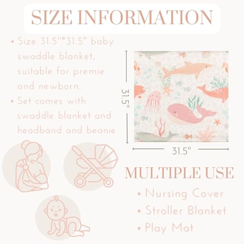 Image of Newborn Swaddle Sets with Headband Beanie and a Name Card Baby Snug Wrap Receiving Blanket for Baby Boys Girls (Pink Ocean Fish)