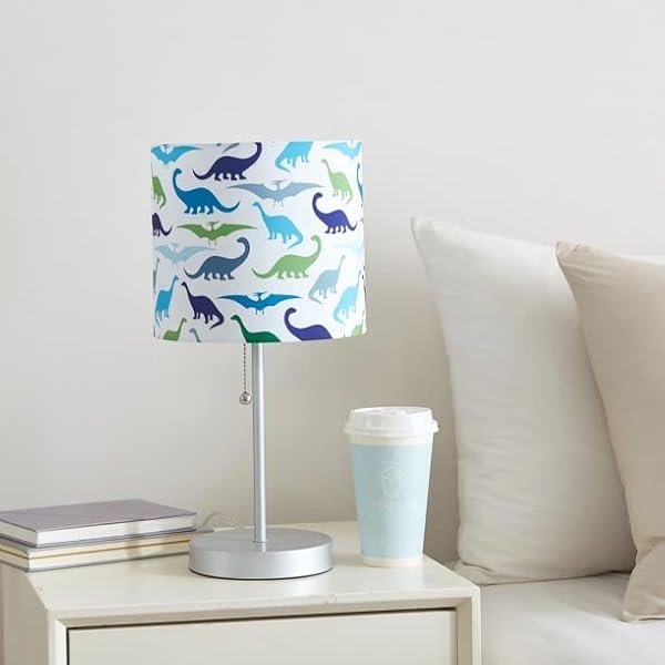 Heritage Kids Dinosaur Printed Fabric Shade Stick Table Lamp with Silver Metal Base and Pull Chain, Blue by Heritage Kids - Used condition - US$12.35