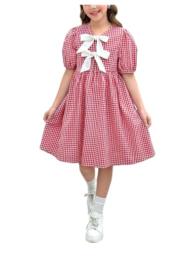 Floerns Girl's Bow Tie Gingham Dress Short Puff Sleeve A Line Cute Ruffle Dresses