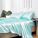 MR&HM Satin Bed Sheets, Twin XL Size Sheets Set, 3 Pcs Silky Bedding Set with 15 Inches Deep Pocket for Mattress (Twin XL, Turquoise)