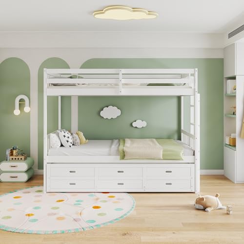 LTGB Triple Bunk Bed, White Wooden Bunk Bed, Drop Down Bed, Three Compartment Drawer, Safety Rail, Climbing Ladder, Multifunction, White, 3FT, 90x190 & 90x180 cm