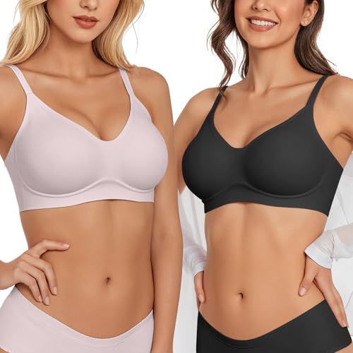 Image of Vertvie 2 Pack Women's Seamless Bras No Underwire Comfort Push Up Bras Buttery Wireless Bralette Full Coverage Sport Everyday Bra(2pcs Black+Pink,M), Medium