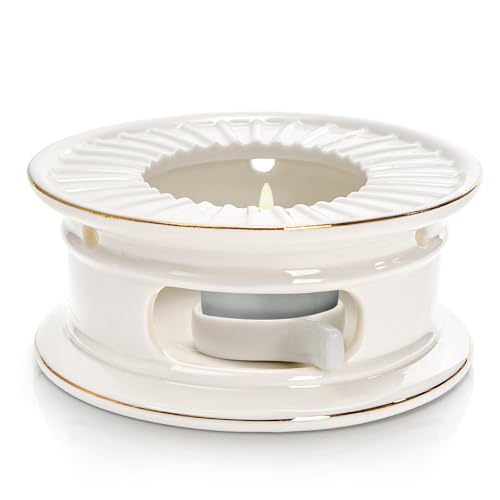 Nagpew Ceramic Teapot Warmer, Gold Rim Teapot Heater with Tealight Holder, White Porcelain Tea Kettle Holder Warming Base for Heating Coffee, Milk, Water, Soup