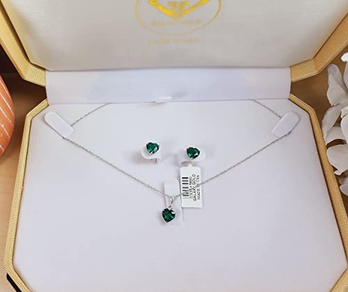 Galaxy Gold Gg 14K 18" Solid White Gold Lab Grown Heart Emerald Necklace And Earring Set Grade Aaa #TOP5