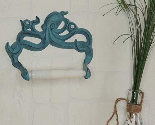 Decorative Cast Iron Octopus Toilet Paper Roll Holder  Wall Mounted Octopus Décor for Bathroom  Kraken, Nautical Bathroom Accessories  Easy to Install with Included Screws and Anchors - Blue
