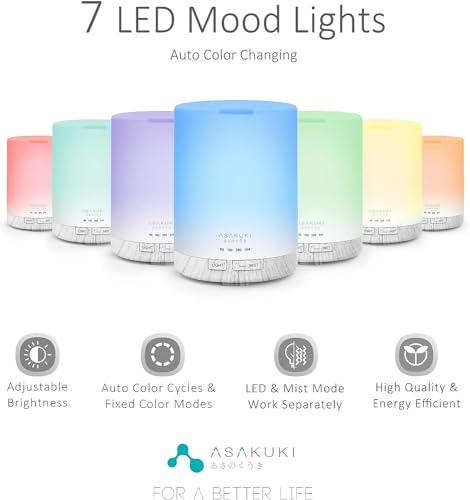 Image of ASAKUKI 300ML Essential Oil Diffuser, Quiet 5-in-1 Premium Humidifier, Home Fragrance Aroma Diffuser with 7 LED Color Changing Light and Auto-Off Switch -White