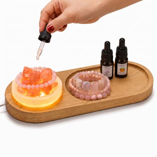 Hushee Light up Wood Jewelry Tray Crystal Holder Set of 3 - Selenite Charging Bowl & Natural Raw Rose Quartz Stone Aesthetic Room Decor for Jewelry Storage, Meditation, Ideal Gift for Women