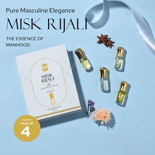 Image of Ajmal Assorted Misk Rijali Non-Alcoholic Luxury Attar Perfumes Gift Set | For Men & Women | Long Lasting, Unisex, Royal Fragrance | Perfect For Gifting | 3ml Each, Pack Of 4